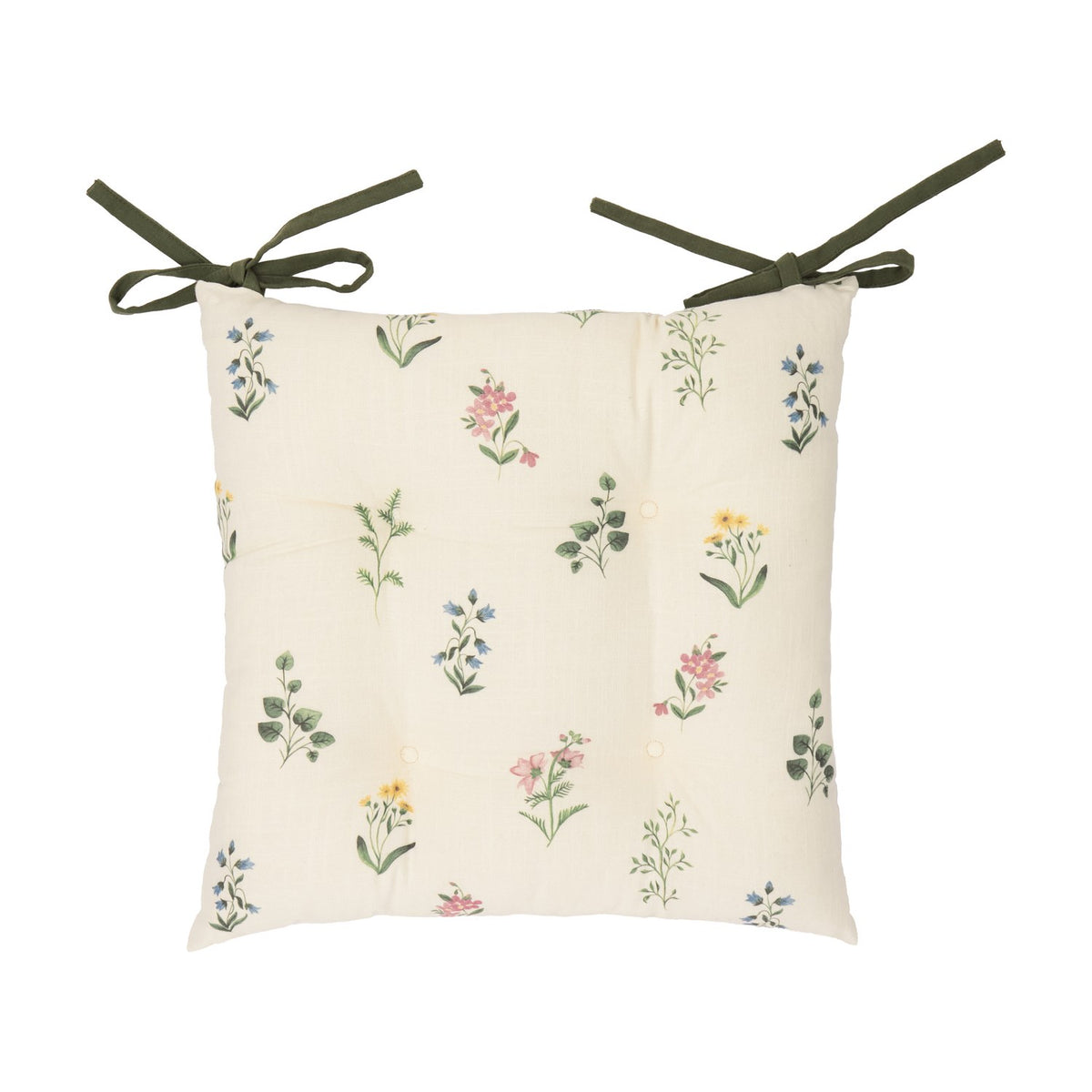 Olivia Linen Cotton Seat Pad in cream with pink, yellow and blue floral sprig print, tufted cotton cushion with green tie fastenings, shown on a plain white background.