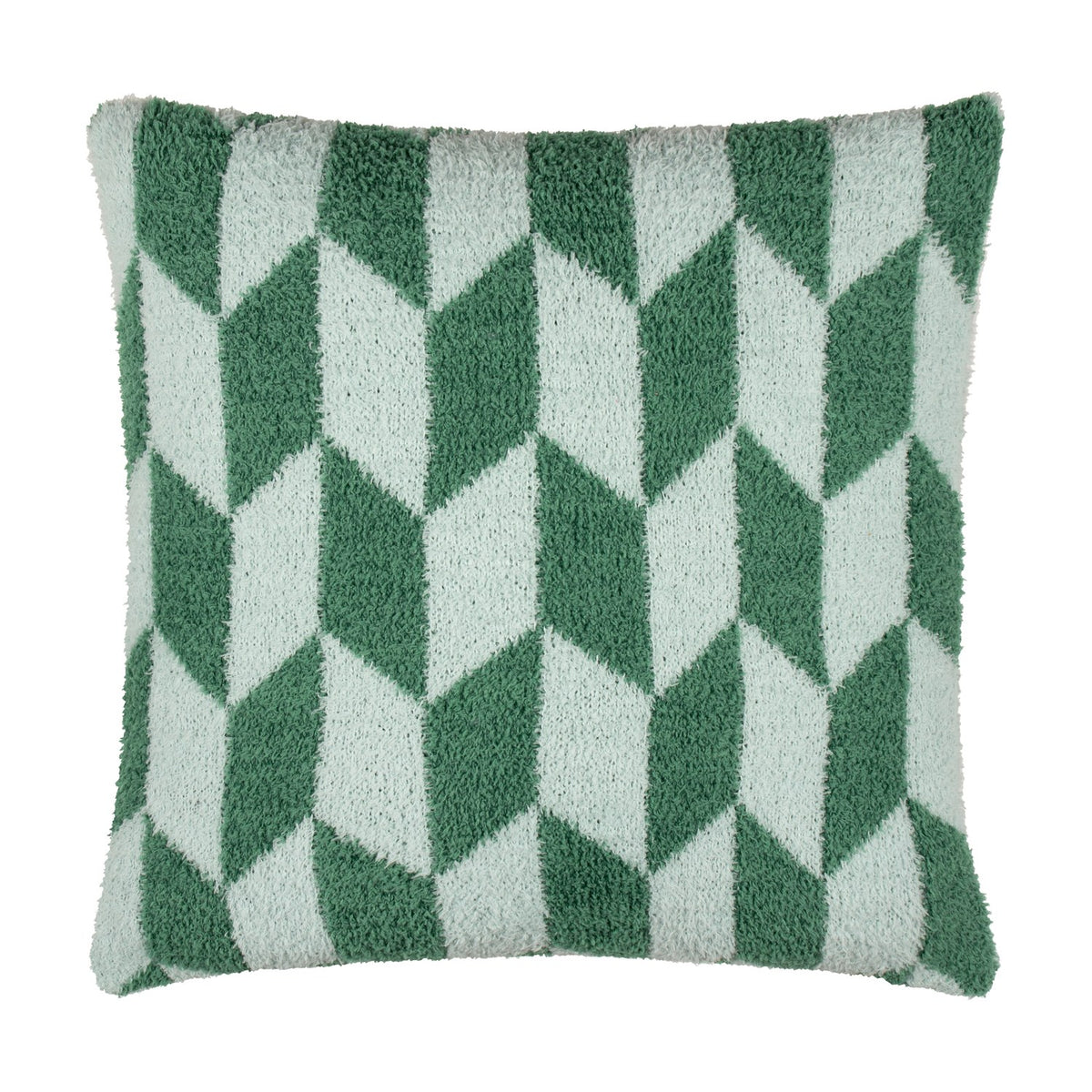 Olsen Geometric Polyester Cushion in Good For You Green, a square textured cushion with bottle-green and pale mint interlocking chevron blocks, shown on a plain white background.