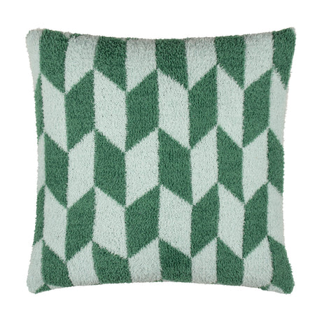 Olsen Geometric Polyester Cushion in Good For You Green, a square textured cushion with bottle-green and pale mint interlocking chevron blocks, shown on a plain white background.