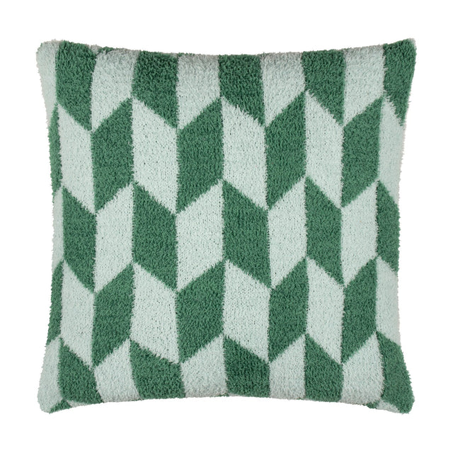 Olsen Geometric Polyester Cushion in Good For You Green, a square textured cushion with bottle-green and pale mint interlocking chevron blocks, shown on a plain white background.