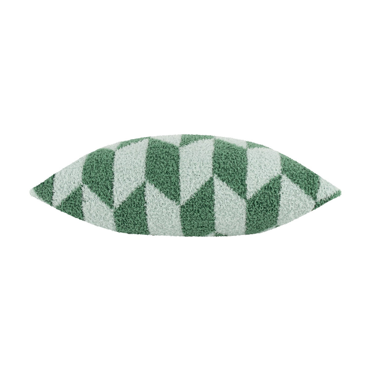 Olsen Geometric Polyester Cushion in Good For You Green, shown side-on with a textured knitted pile in bottle-green and pale mint angled blocks, on a plain white background.