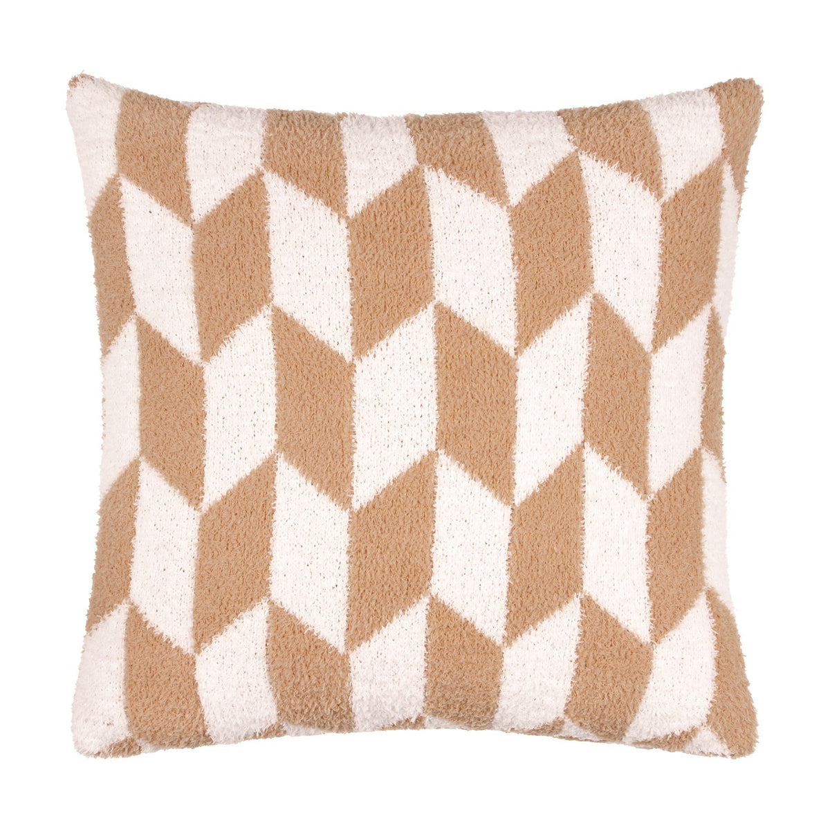 Olsen Geometric Polyester Cushion in beige and cream, a square scatter cushion with a brushed, textured chevron and diamond print, shown on a plain white background.