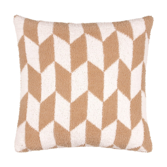 Olsen Geometric Polyester Cushion in beige and cream, a square scatter cushion with a brushed, textured chevron and diamond print, shown on a plain white background.