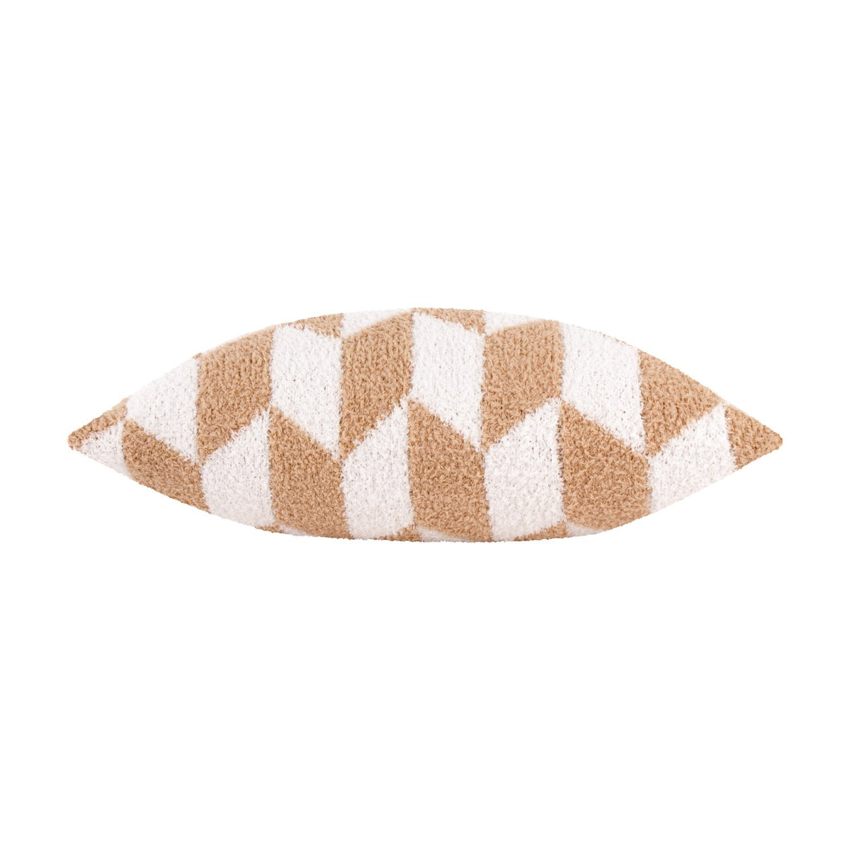 Olsen Geometric Polyester Cushion in beige and cream, shown side-on with a textured, plush finish and tumbling diamond chevron print, set against a plain white background.