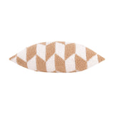 Olsen Geometric Polyester Cushion in beige and cream, shown side-on with a textured, plush finish and tumbling diamond chevron print, set against a plain white background.