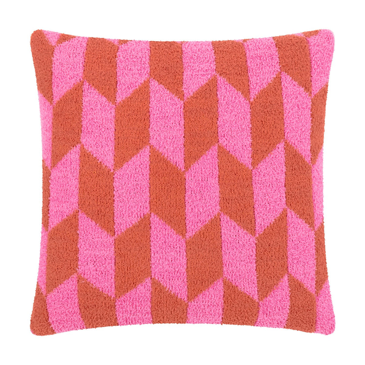 Olsen Geometric Polyester Cushion in Pink Pop, a square scatter cushion with a bold chevron pattern in hot pink and rust, textured knit fabric, shown on a white background.
