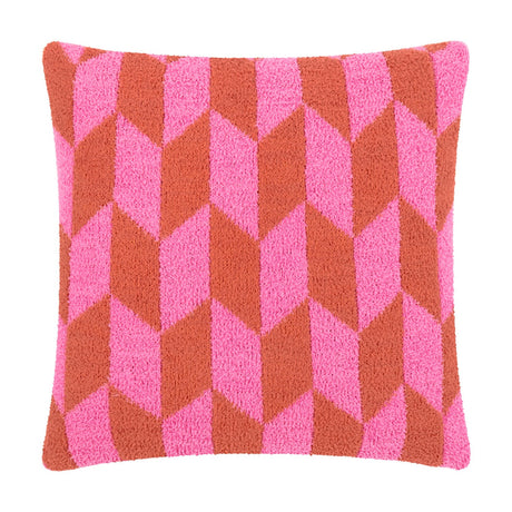 Olsen Geometric Polyester Cushion in Pink Pop, a square scatter cushion with a bold chevron pattern in hot pink and rust, textured knit fabric, shown on a white background.