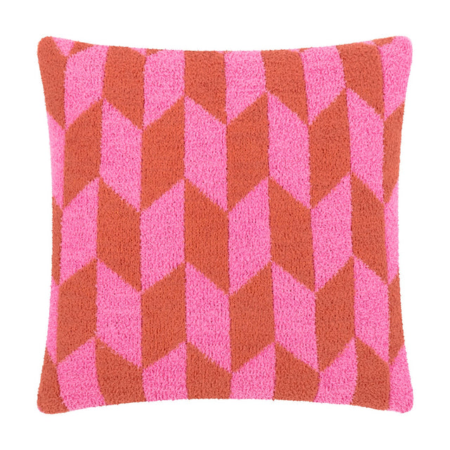 Olsen Geometric Polyester Cushion in Pink Pop, a square scatter cushion with a bold chevron pattern in hot pink and rust, textured knit fabric, shown on a white background.