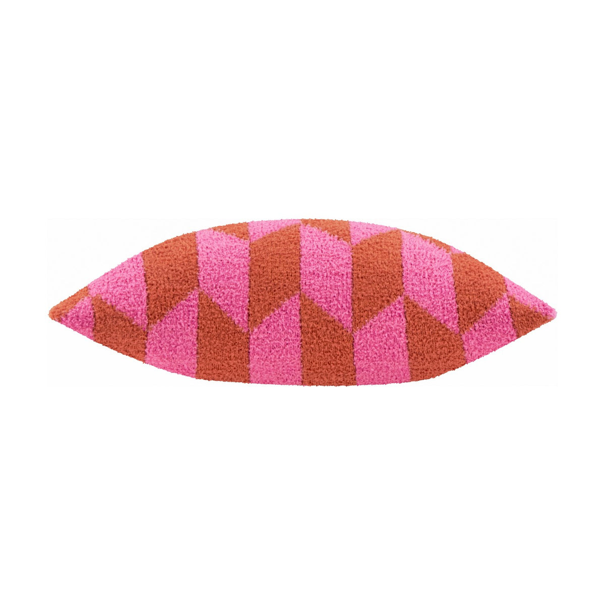Olsen Geometric Polyester Cushion in Pink Pop, showing a textured knit scatter cushion with an angled pink and rust geometric pattern, shown on a plain white background.