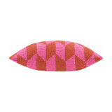 Olsen Geometric Polyester Cushion in Pink Pop, showing a textured knit scatter cushion with an angled pink and rust geometric pattern, shown on a plain white background.