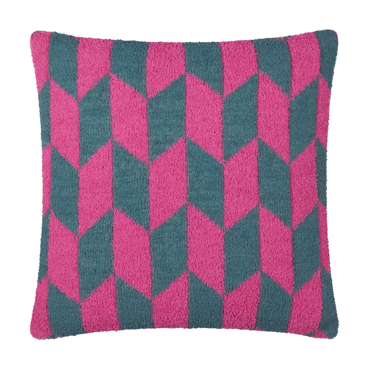 Olsen Geometric Polyester Cushion in Retro Pink, a 45cm square cushion with a knitted chevron pattern in raspberry pink and dark teal, shown against a plain white background.