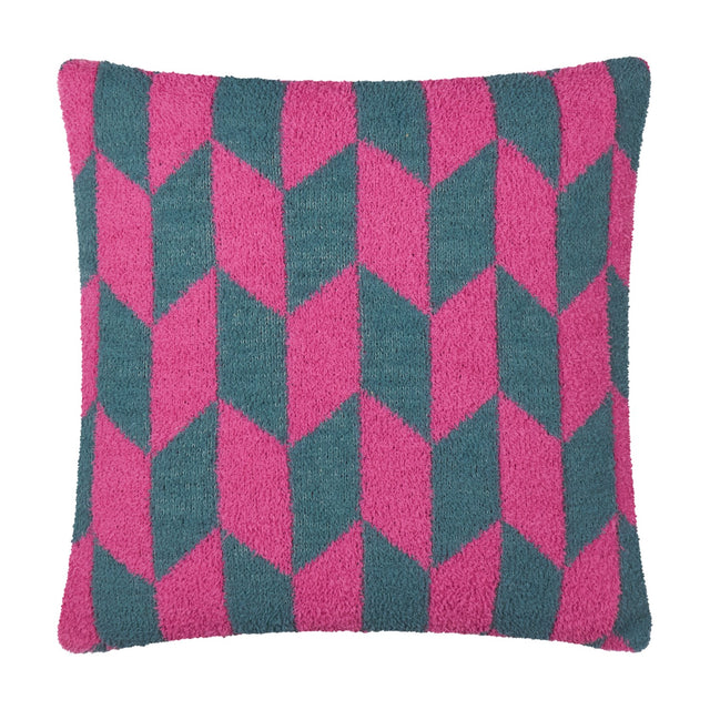 Olsen Geometric Polyester Cushion in Retro Pink, a 45cm square cushion with a knitted chevron pattern in raspberry pink and dark teal, shown against a plain white background.