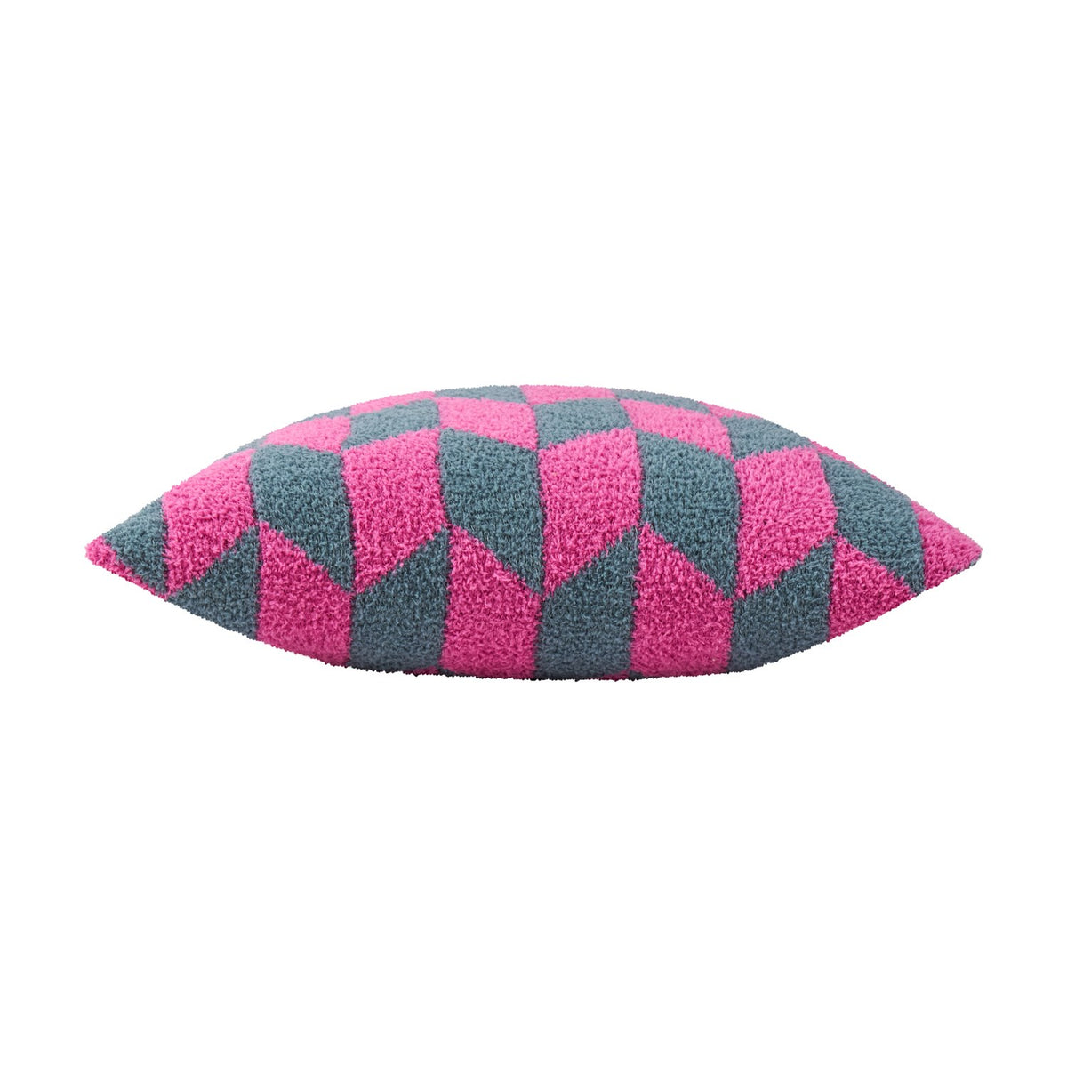 Olsen Geometric Polyester Cushion in Retro Pink, shown side-on against a plain white background, with a textured knitted geometric pattern in raspberry pink and dark teal meeting at sharp diagonals.
