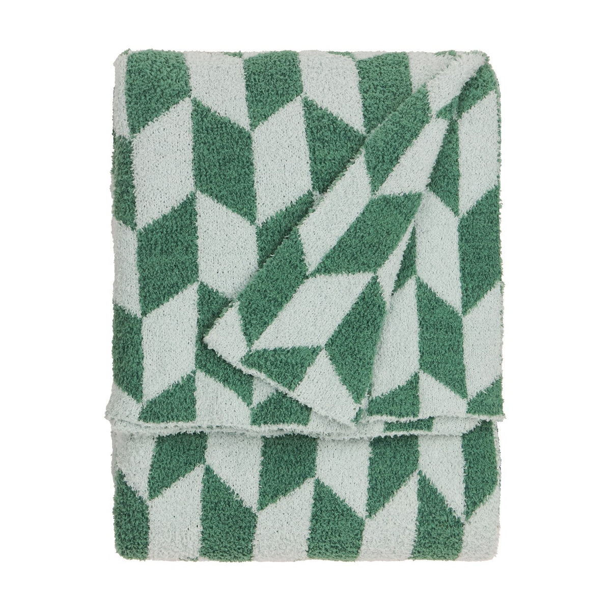 Olsen Geometric Polyester Throw in Good For You Green, folded showing a chevron pattern in two greens against pale mint with a soft brushed pile, on a plain white background.