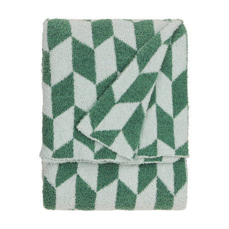 Olsen Geometric Polyester Throw in Good For You Green, folded showing a chevron pattern in two greens against pale mint with a soft brushed pile, on a plain white background.