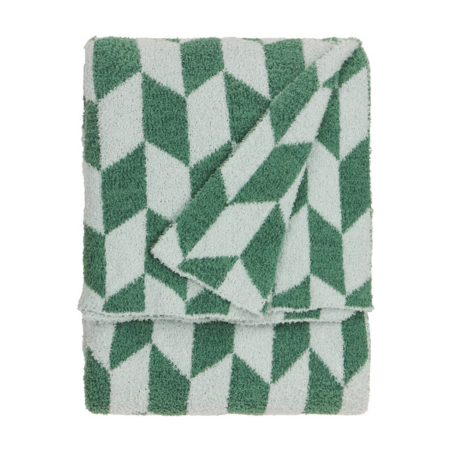 Olsen Geometric Polyester Throw in Good For You Green, folded showing a chevron pattern in two greens against pale mint with a soft brushed pile, on a plain white background.