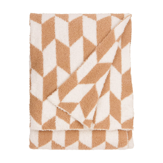 Olsen Geometric Polyester Throw folded to show a caramel and cream chevron pattern with a soft brushed pile, set against a plain white background.