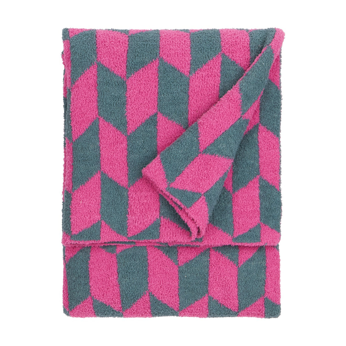 Olsen Geometric Polyester Throw in Retro Pink, folded to show a bright pink and teal chevron pattern, textured knit fabric, shown on a plain white background.
