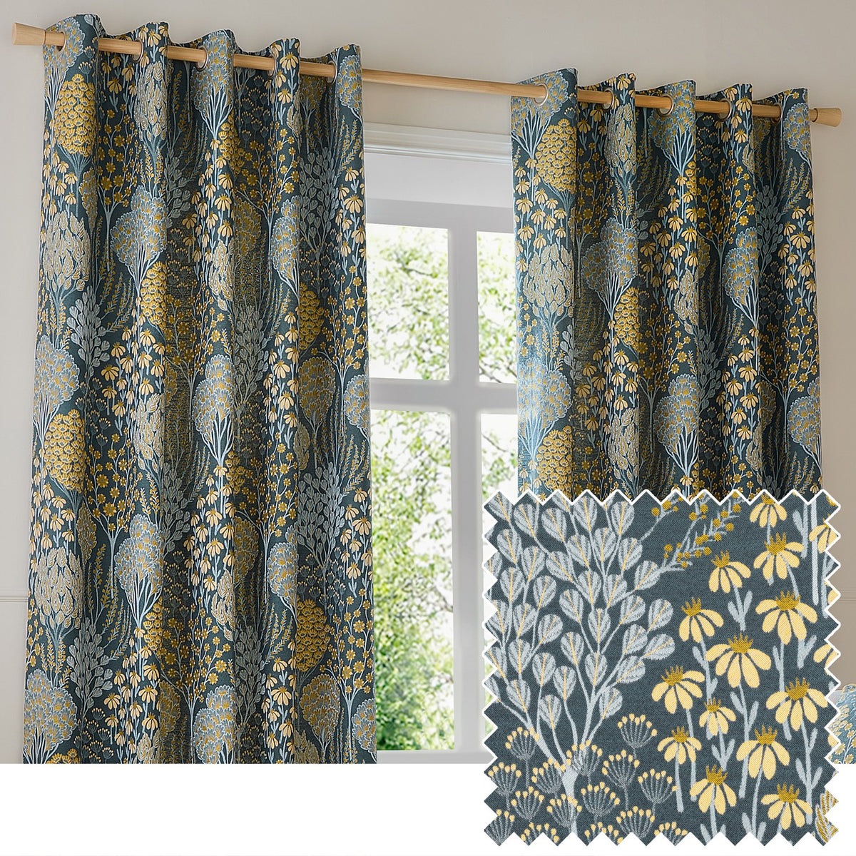 Ophelia Jacquard eyelet curtains in blue and saffron, hung on a wooden pole by a window, showing a woven floral tree and daisy pattern with a fabric swatch inset.
