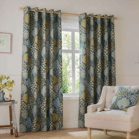 Ophelia Jacquard Fully Lined Eyelet Curtains - Blue/Saffron