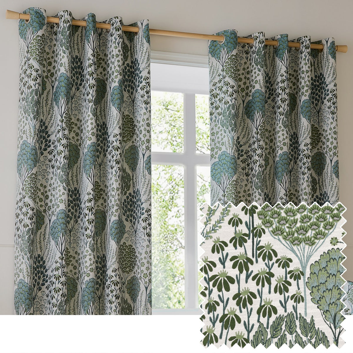 Ophelia Jacquard fully lined eyelet curtains in Thyme/Mineral, hung on a wooden pole, showing a woven botanical pattern in blue-green and forest tones on cream, with fabric swatch inset.
