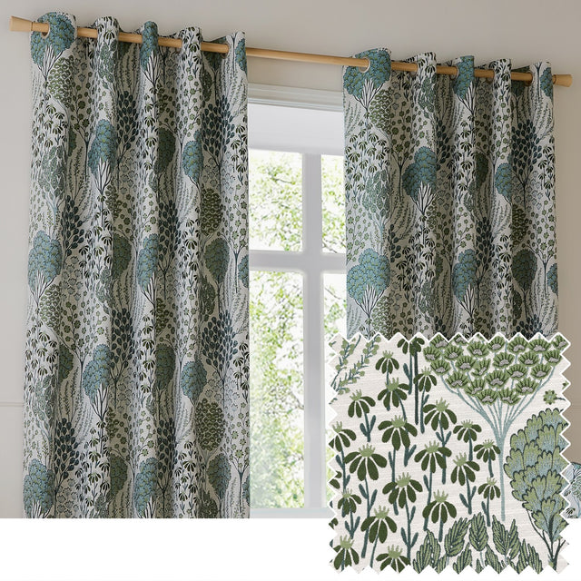 Ophelia Jacquard fully lined eyelet curtains in Thyme/Mineral, hung on a wooden pole, showing a woven botanical pattern in blue-green and forest tones on cream, with fabric swatch inset.