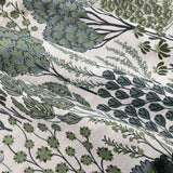 Close-up of Ophelia Jacquard Eyelet Curtains fabric, showing a woven floral pattern of stems, seed heads and flower clusters in blue-green and forest tones on a cream ground.
