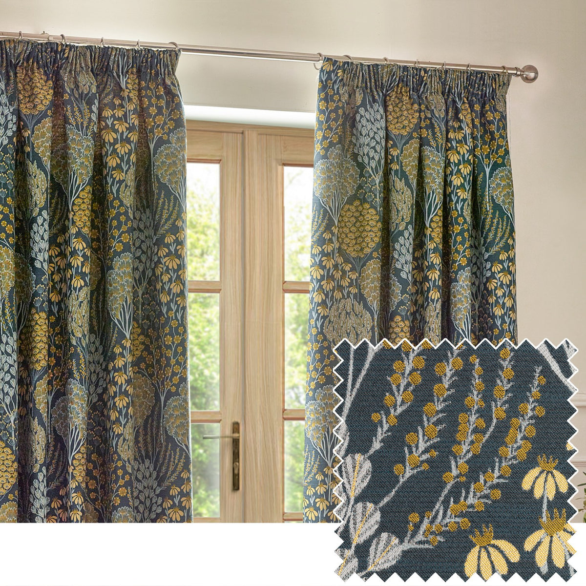 Ophelia Jacquard pencil pleat curtains in blue and saffron, hung by a wooden French door, with a fabric swatch showing the woven botanical pattern in a living room setting.