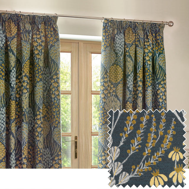 Ophelia Jacquard pencil pleat curtains in blue and saffron, hung by a wooden French door, with a fabric swatch showing the woven botanical pattern in a living room setting.