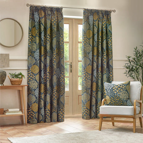 Ophelia Jacquard Polyester Pencil Pleat Curtains - Blue/Saffron