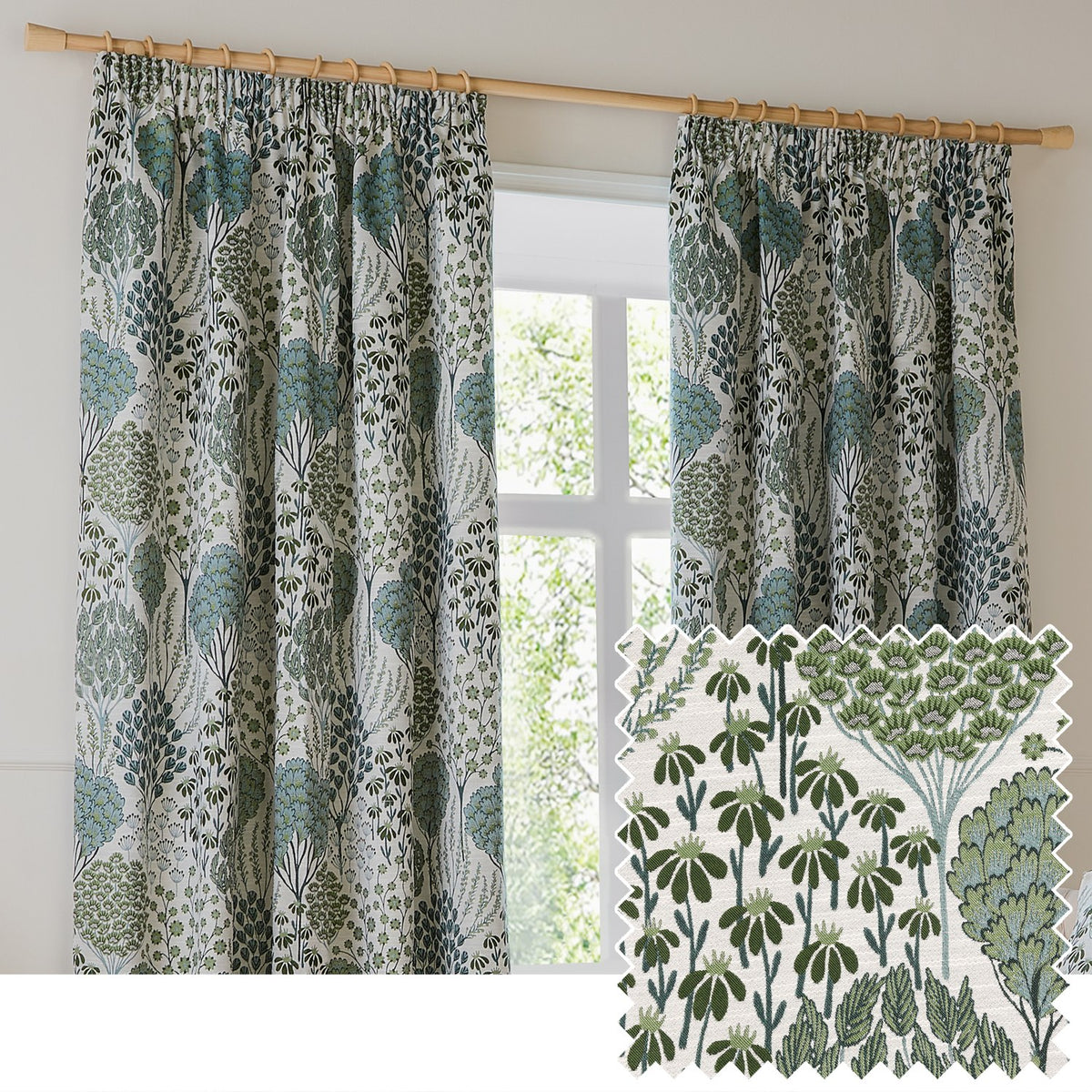 Ophelia Jacquard pencil pleat curtains in Thyme/Mineral, hung on a wooden pole beside a window, featuring a green and blue-grey botanical tree and floral pattern on cream, with a fabric swatch inset.