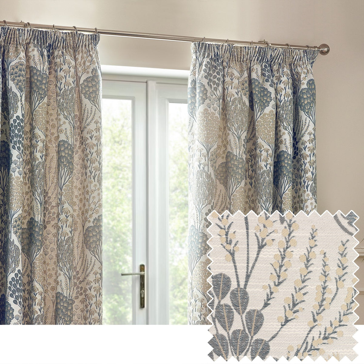 Ophelia Jacquard Polyester Pencil Pleat Curtains in Wedgewood, shown pleated at a window with a botanical tree and floral jacquard pattern in blue and beige, plus a fabric swatch detail.