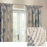 Ophelia Jacquard Polyester Pencil Pleat Curtains in Wedgewood, shown pleated at a window with a botanical tree and floral jacquard pattern in blue and beige, plus a fabric swatch detail.