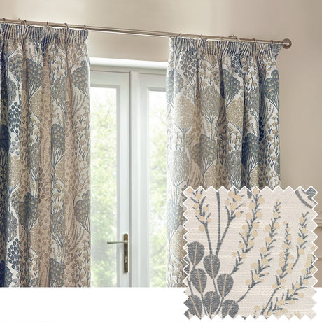 Ophelia Jacquard Polyester Pencil Pleat Curtains in Wedgewood, shown pleated at a window with a botanical tree and floral jacquard pattern in blue and beige, plus a fabric swatch detail.