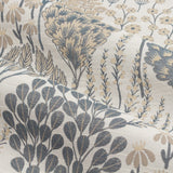 Close-up of Ophelia Jacquard pencil pleat curtain fabric in Wedgewood, showing a woven botanical pattern of stylised trees, seed heads and flowers in blue and beige on a pale polyester ground.