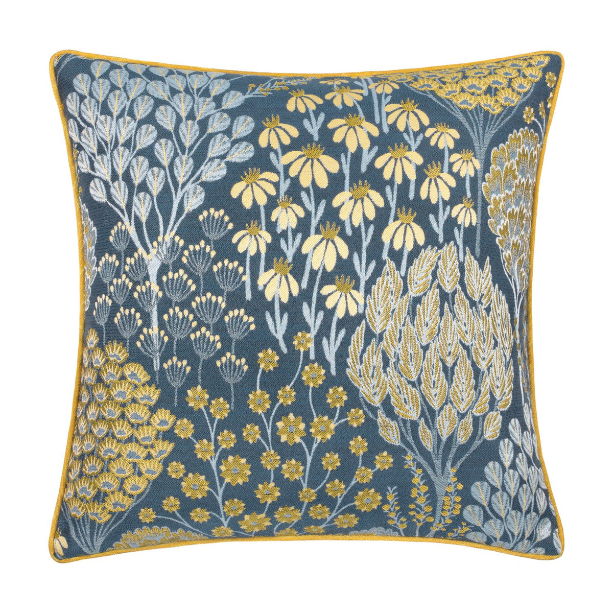 Ophelia Jacquard Polyester Cushion in blue with a woven botanical pattern of saffron flowers, cream seed heads and ice-blue leaf sprays, finished with yellow piping on a white background.