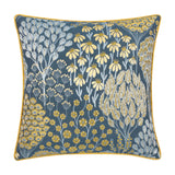 Ophelia Jacquard Polyester Cushion in blue with a woven botanical pattern of saffron flowers, cream seed heads and ice-blue leaf sprays, finished with yellow piping on a white background.