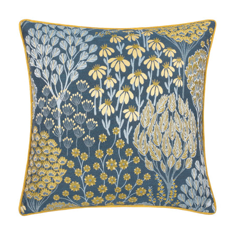Ophelia Jacquard Polyester Cushion in blue with a woven botanical pattern of saffron flowers, cream seed heads and ice-blue leaf sprays, finished with yellow piping on a white background.