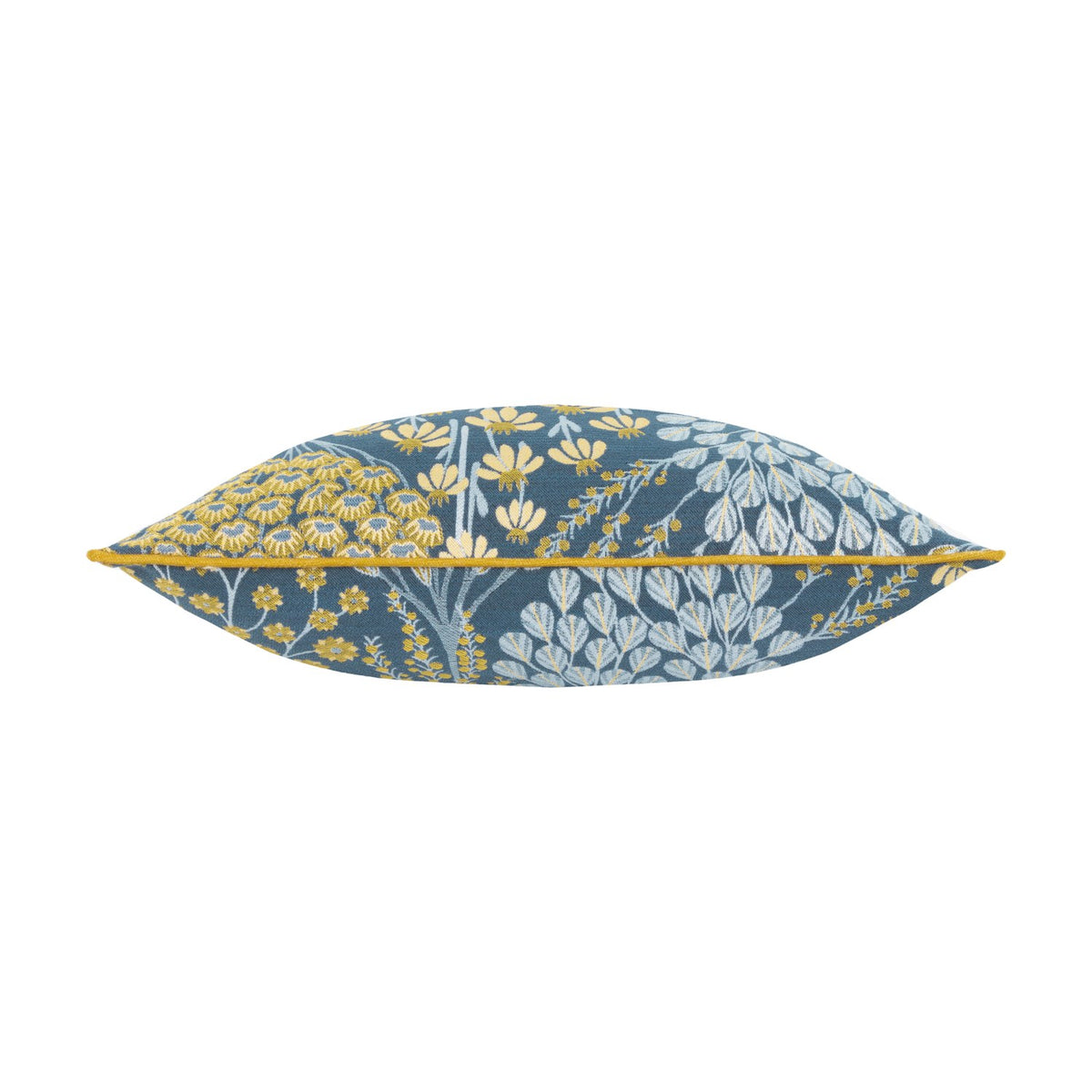 Ophelia jacquard polyester cushion shown side-on, edge view with saffron piping trim, blue ground and woven floral pattern in cream and ice-blue, on a white background.