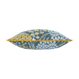 Ophelia jacquard polyester cushion shown side-on, edge view with saffron piping trim, blue ground and woven floral pattern in cream and ice-blue, on a white background.