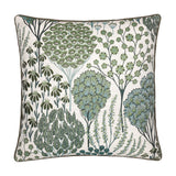 Ophelia Jacquard Polyester Cushion in Thyme/Mineral, a 50x50cm square cushion with botanical tree, fern and seed head motifs in green and blue-teal on a cream ground.
