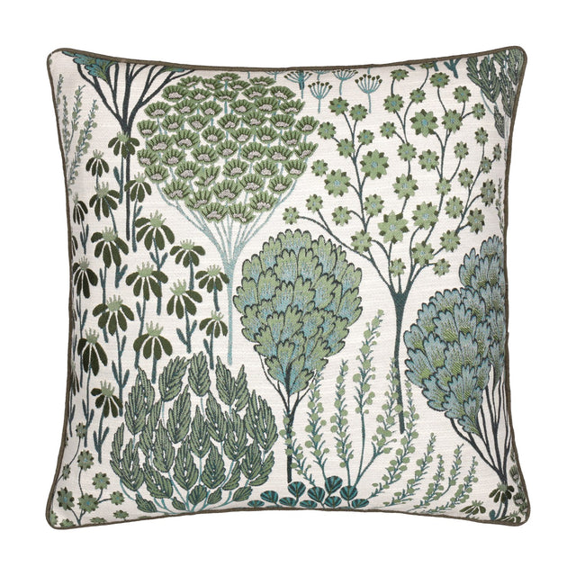 Ophelia Jacquard Polyester Cushion in Thyme/Mineral, a 50x50cm square cushion with botanical tree, fern and seed head motifs in green and blue-teal on a cream ground.