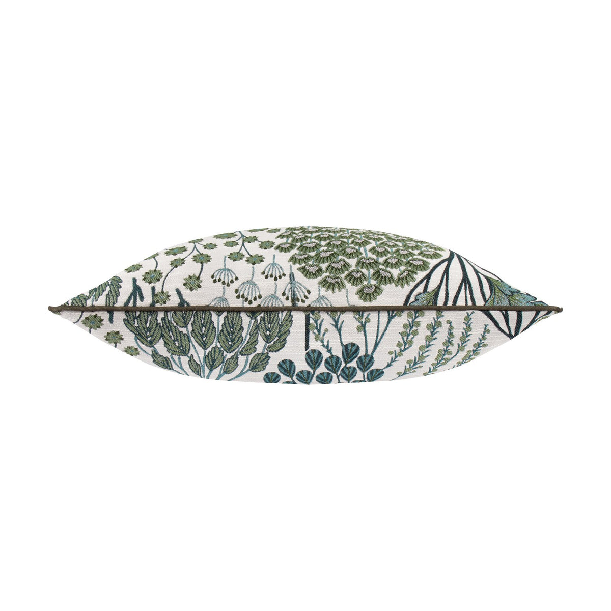 Ophelia Jacquard Polyester Cushion in Thyme/Mineral, shown side-on with botanical tree and fern motifs in green and teal on a cream ground, against a plain white background.