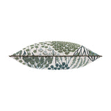 Ophelia Jacquard Polyester Cushion in Thyme/Mineral, shown side-on with botanical tree and fern motifs in green and teal on a cream ground, against a plain white background.