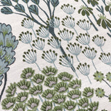 Close-up of the Ophelia Jacquard Polyester Cushion in Thyme/Mineral, showing raised woven botanical motifs of trees, seed heads and star flowers in green and blue-teal on a cream ground.