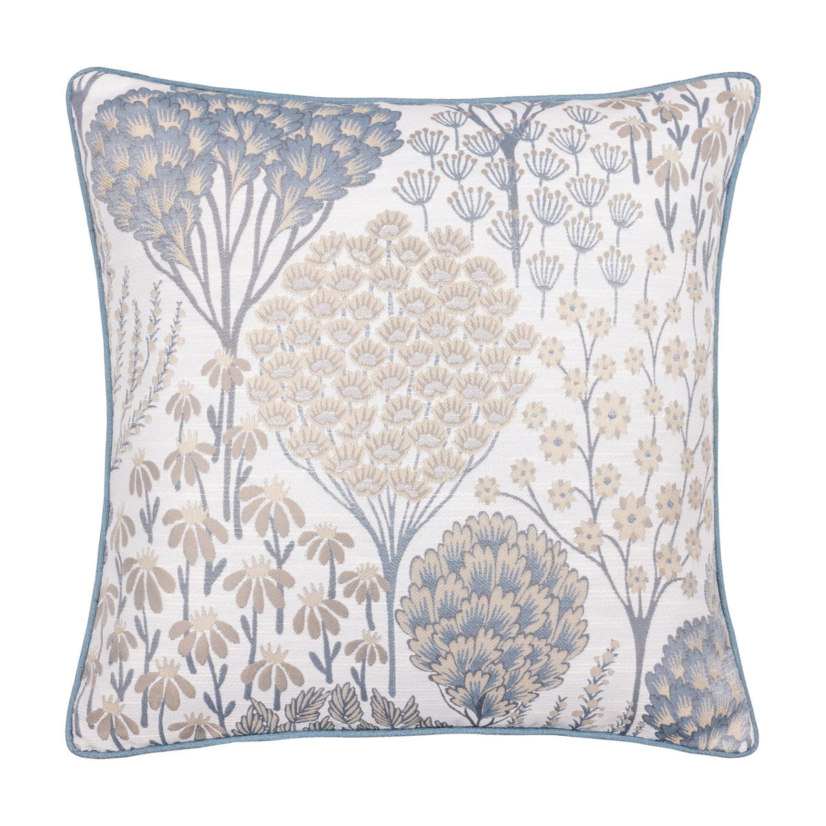 Ophelia Jacquard Polyester Cushion in Wedgewood, square with woven botanical seed head and floral design in blue and beige on off-white fabric, blue piped edge trim, on a white background.