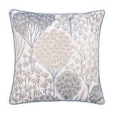 Ophelia Jacquard Polyester Cushion in Wedgewood, square with woven botanical seed head and floral design in blue and beige on off-white fabric, blue piped edge trim, on a white background.