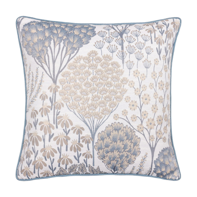 Ophelia Jacquard Polyester Cushion in Wedgewood, square with woven botanical seed head and floral design in blue and beige on off-white fabric, blue piped edge trim, on a white background.