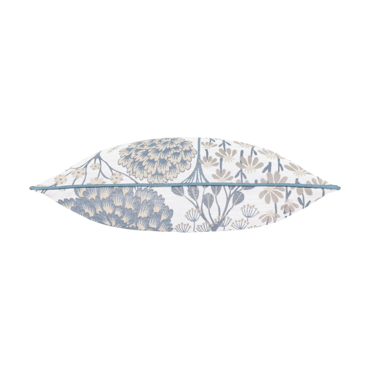 Ophelia Jacquard Polyester Cushion in Wedgewood, shown edge-on with woven botanical pattern in blue and beige on off-white, corded piped trim, plain white background.