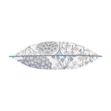 Ophelia Jacquard Polyester Cushion in Wedgewood, shown edge-on with woven botanical pattern in blue and beige on off-white, corded piped trim, plain white background.